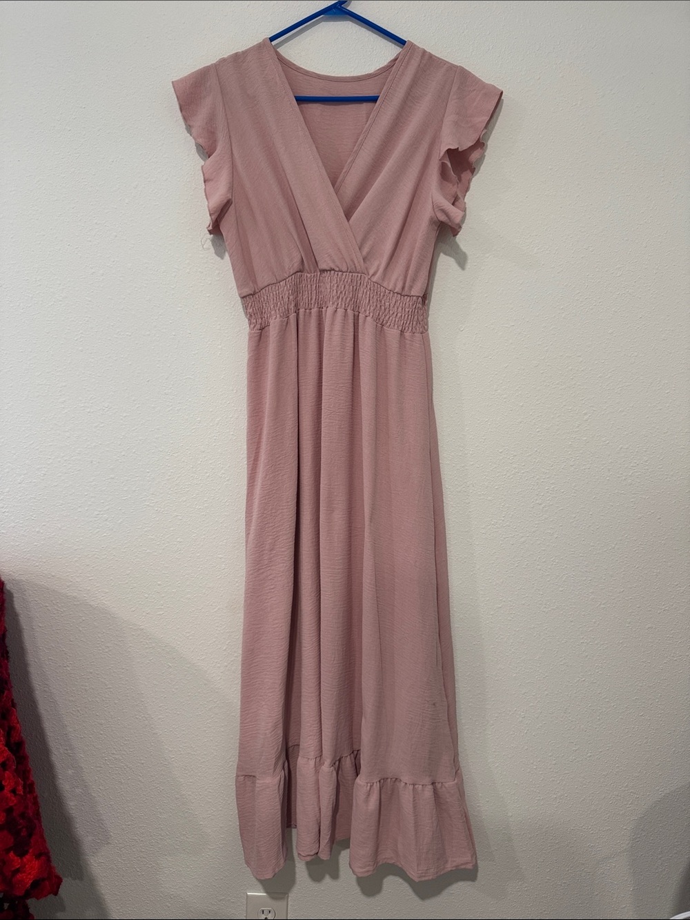 Women's Large Blush Pink Maxi Dress with Smocked Waist and ruffle sleeves